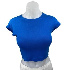 Zara Women's Blue Short Sleeve Crew Neck Knit T Shirt Tee Crop Top Size M
